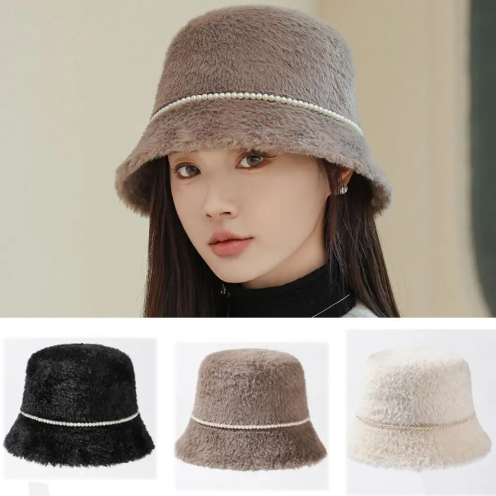 

Flat Top Plush Buket Hat Fashion Solid Color Pearl Basin Hat Thicken Warm Soft Beanie Cap Women