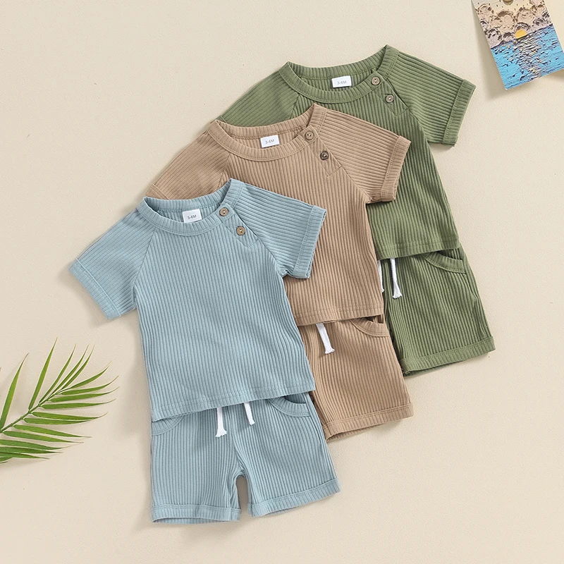 

2024-04-03 Lioraitiin 3M-3Y Baby Boys Summer Outfits Solid Color Short Sleeves T-Shirt and Elastic Shorts Vacation Clothes Set