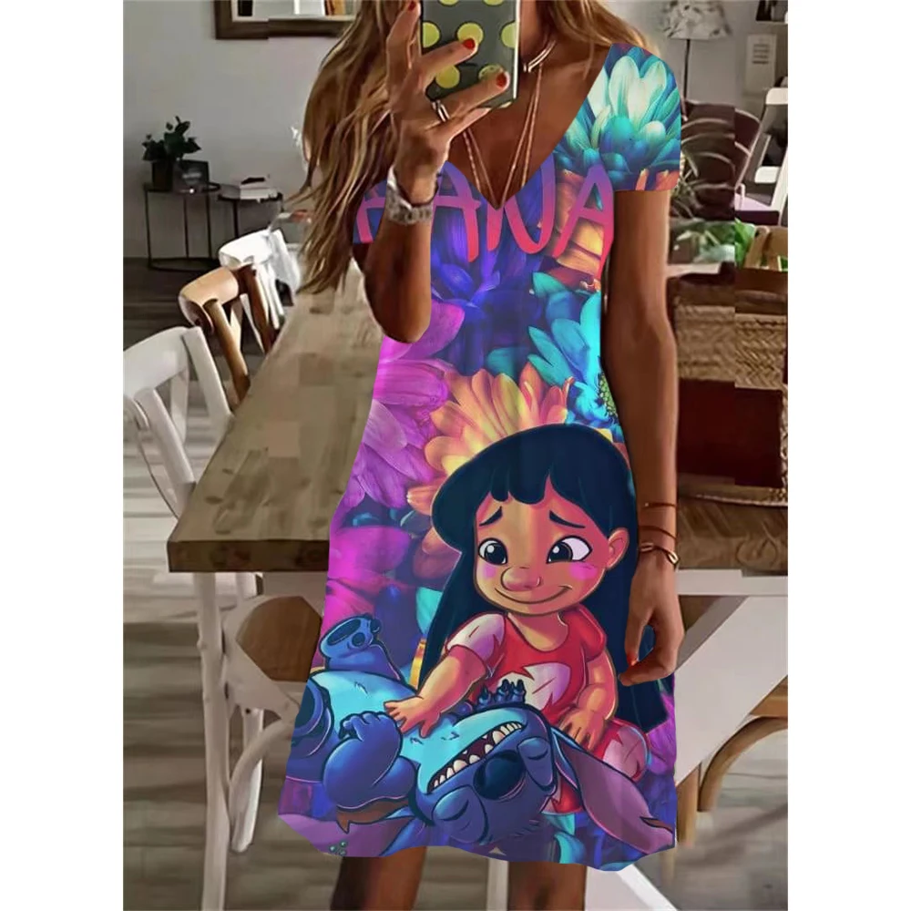 thumbnail image 1 of Nuevos vestidos cortos sexis de verano para fiesta para mujer, vestido con cuello en V y estampado de Lilo y Stitch de Disney, vestido hasta la rodilla de manga corta para tallas XS-5XL, 1 of 5