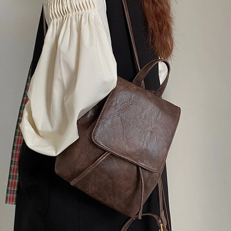 Small Retro Brown Backpack Women Spring Summer New Ins Simple Versatile Shoulder Bag