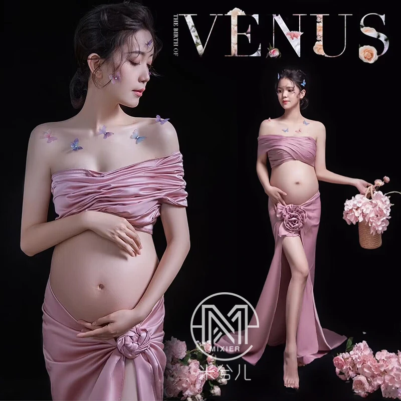 Dvotinst Women Photography Props Maternity Dresses Pink Pregnancy Tube Top with Skirt 2pcs Set Studio Photoshoot Photo Clothes