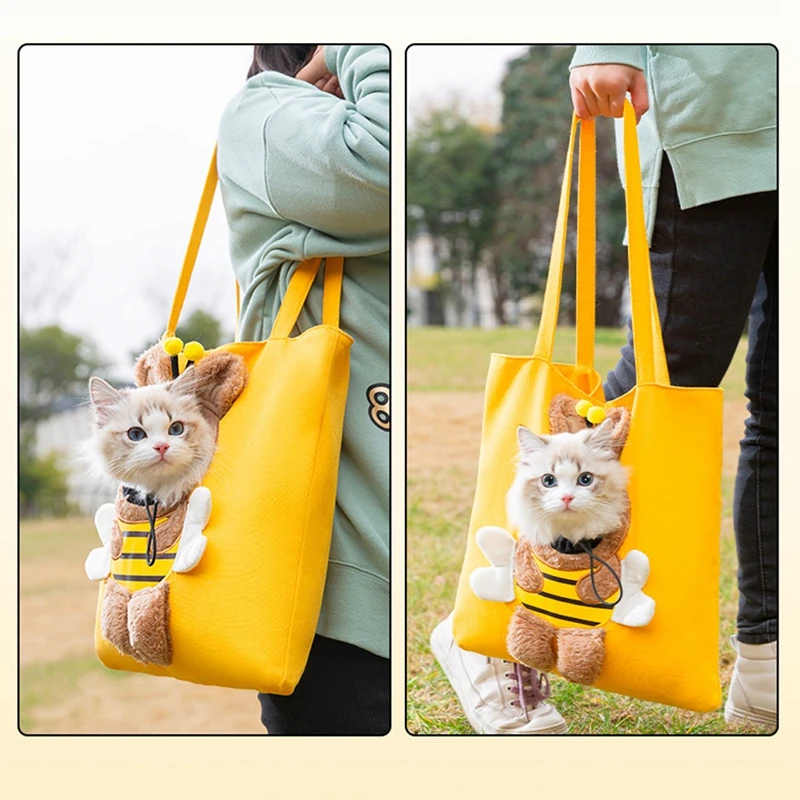 Pet Cat Dog Carrier Bag Cute Small Bee Canvas Open Head Shoulder Bag Small And Medium-sized Dog Handbag Pet Out Travel Backpack