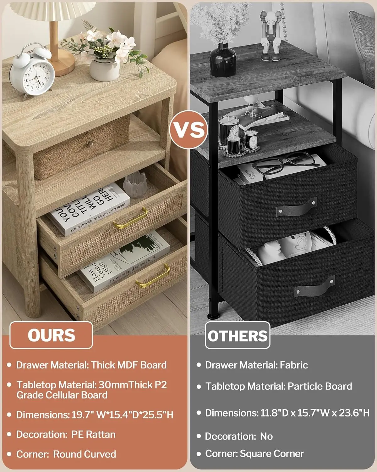 Rattan Nightstands Set of 2-Bedside Tables with 2 PE Rattan Drawers, Night Stand with Open Wood Shelf, Farmhouse Bed Side