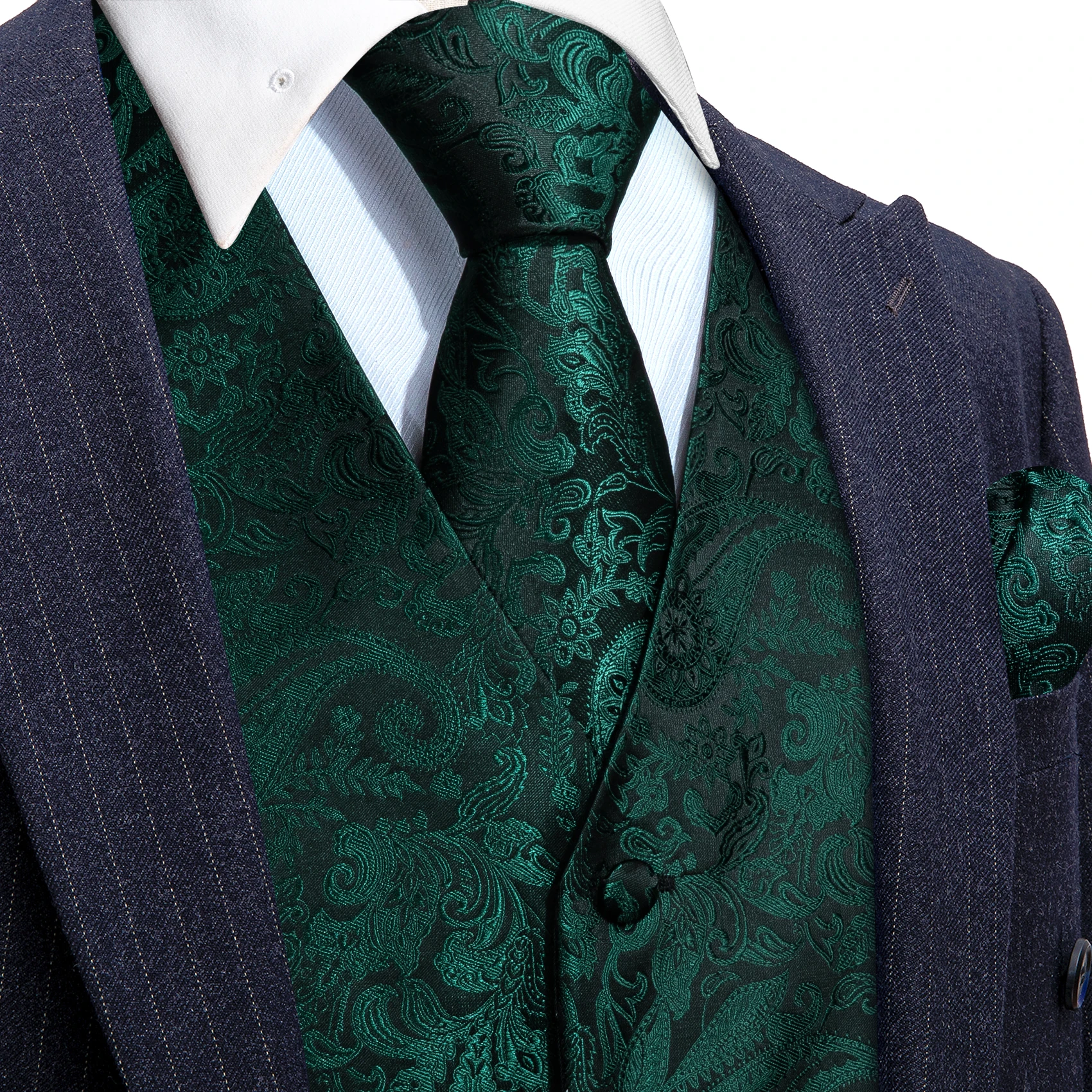 Luxury Mens Vest Suit Green Paisley Flower Slim Fit Male Dress Sleeveless Formal Work Waistcoat Tie Hanky Gilet Barry Wang 4