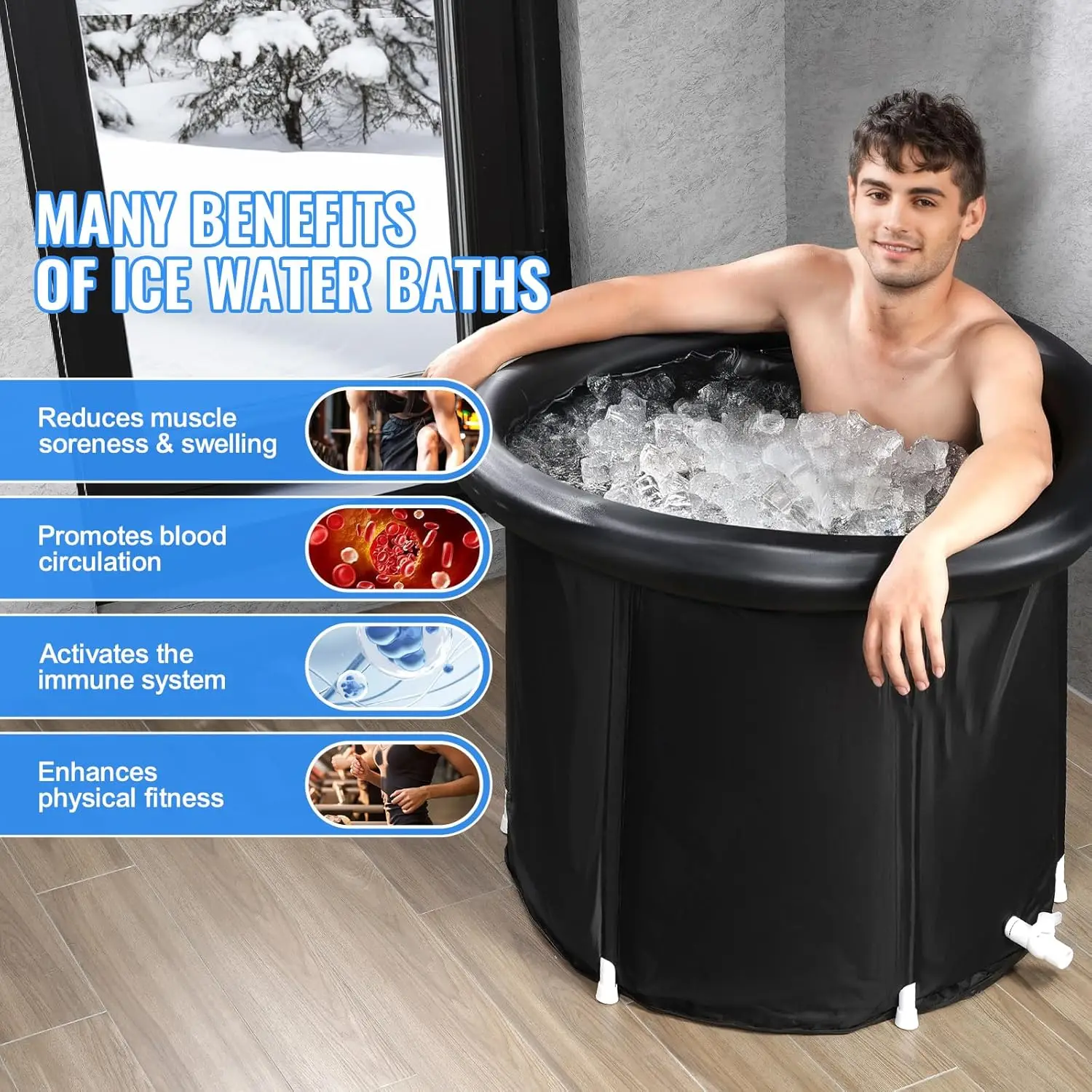 Ice Bath Tub - Cold Therapy for Athlete Recovery, Portable Outdoor Inflatable Folding Tub, 98 Gal, with Cover, 35.4"Lx30"H,Ideal