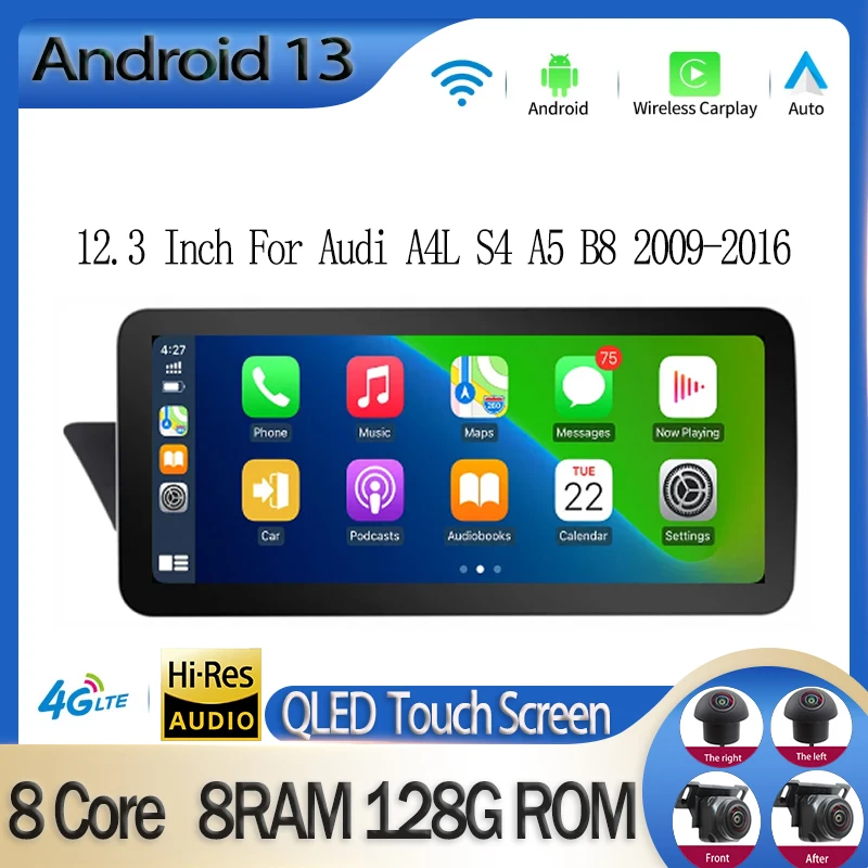 

12.3 Inch Android 13 Car Radio HD 1920*720 Multimedia GPS Navigation Carplay For Audi A4L S4 A5 B8 2009-2016 WIFI BT SWC 4G LTE