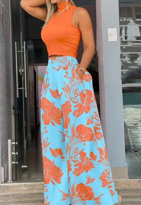 

Two Piece Set Women Outfit 2023 Summer Fashion Floral Print Mock Neck Sleeveless Crop Top & Casual High Waist Pocket Pants Set