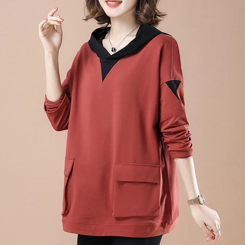 Women Korean Patchwork Streetwear Casual Hooded Sweatshirts Autumn Female Long Sleeve Pockets Hoodies Cotton Loose Pullover Tops