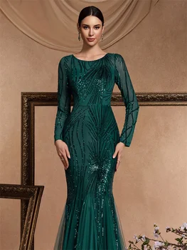 Lucyinlove Elegant Long Sleeves Sequin Tulle Evening Dresses 2024 Women Luxury Mermaid Formal Bridesmaid Party Maxi Prom Dress 6