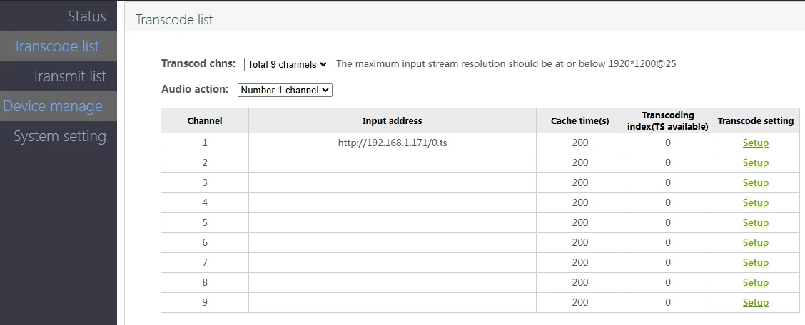 9채널 H265 4K 1080p 비디오 IP트랜스코더 디코더 오디오 웹 FM RTMP UDP 서버용