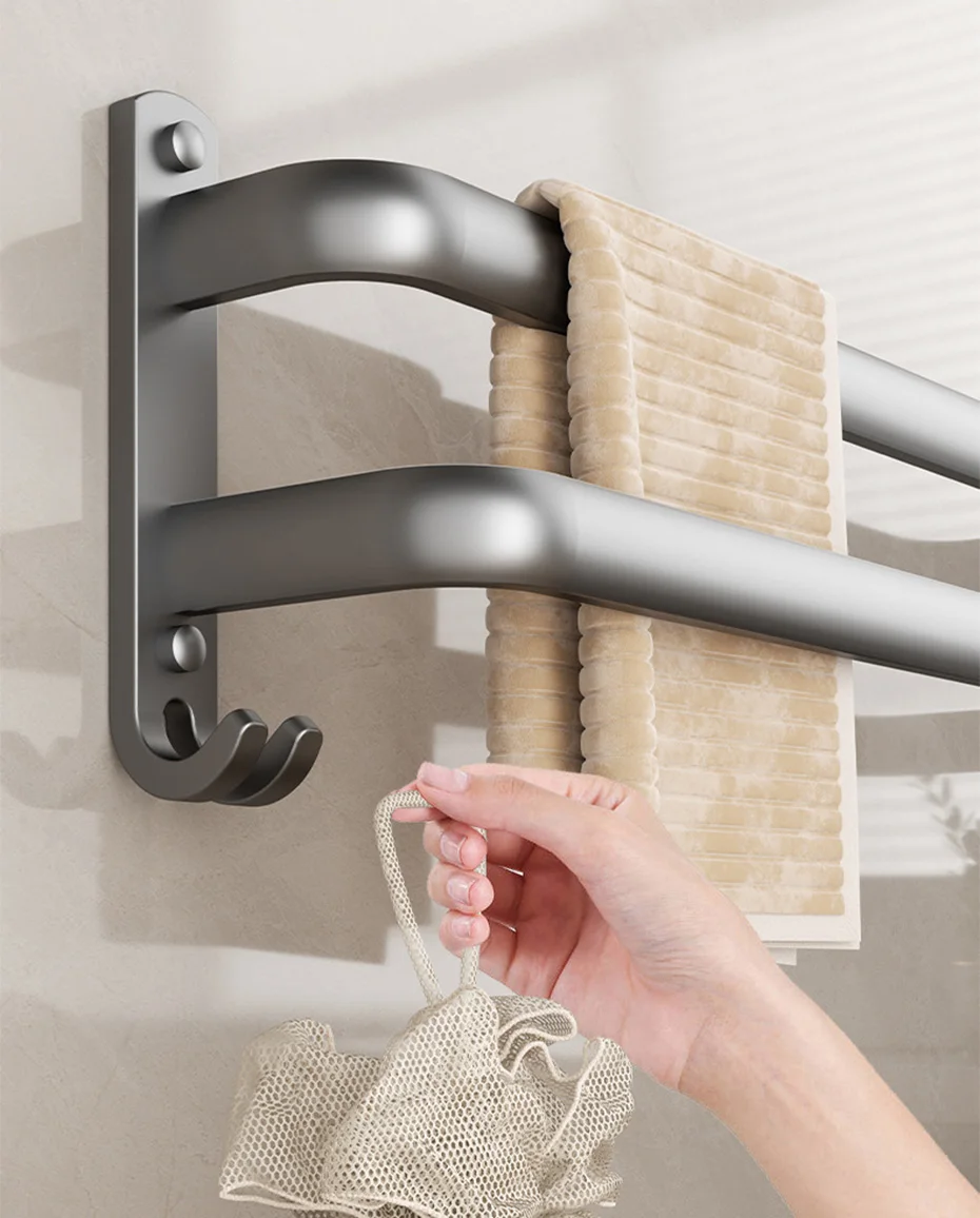 Description Picture 6 of itemAluminum Towel Rack Wall Mounted Multilayer Bath Towel Bar Shelf Punch Free Bathroom Hanging Rod Toilet Shower Room Towel Rail