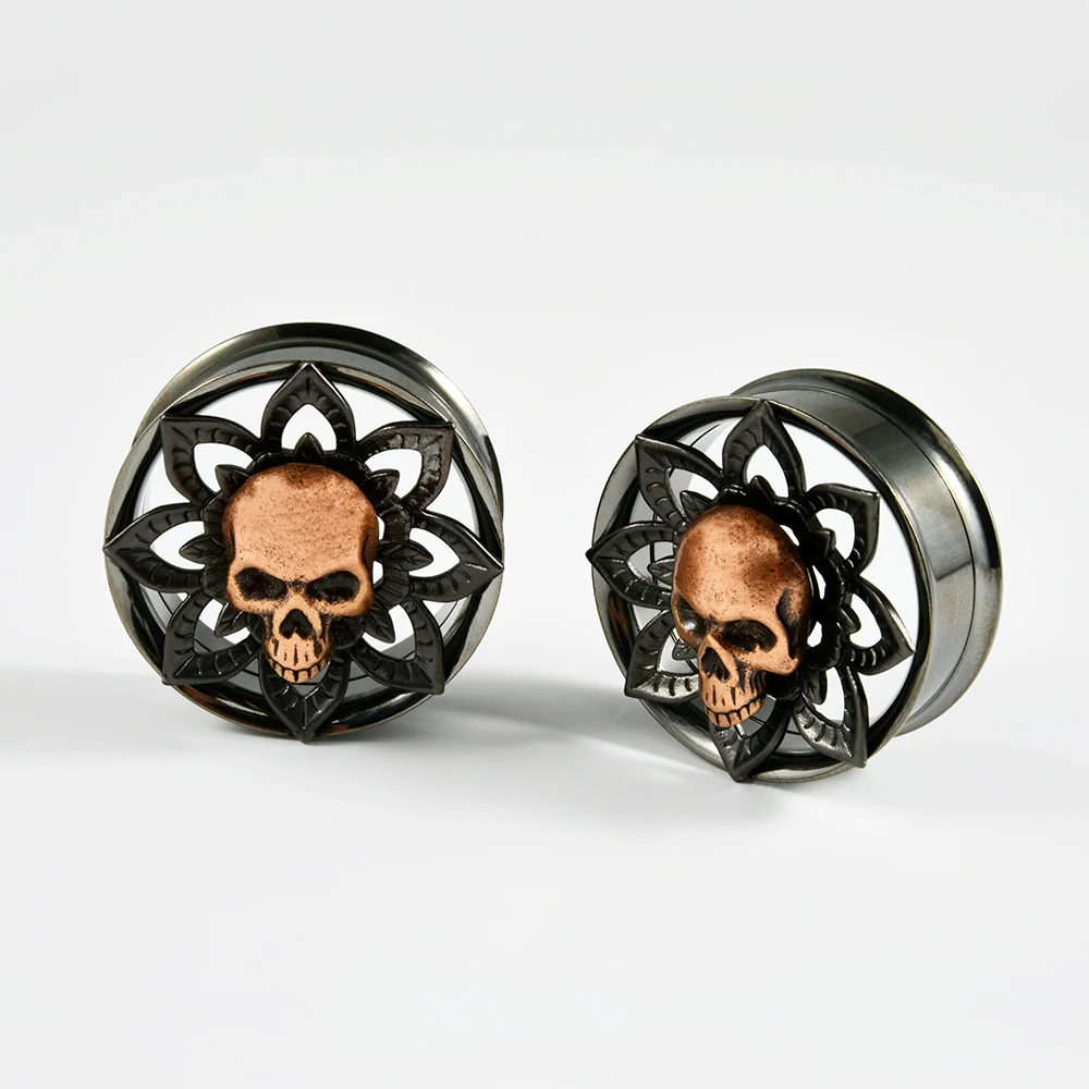 PAIR Lotus Skull Double Flared Ear Tunnel Plugs Expanders Black - Main Image