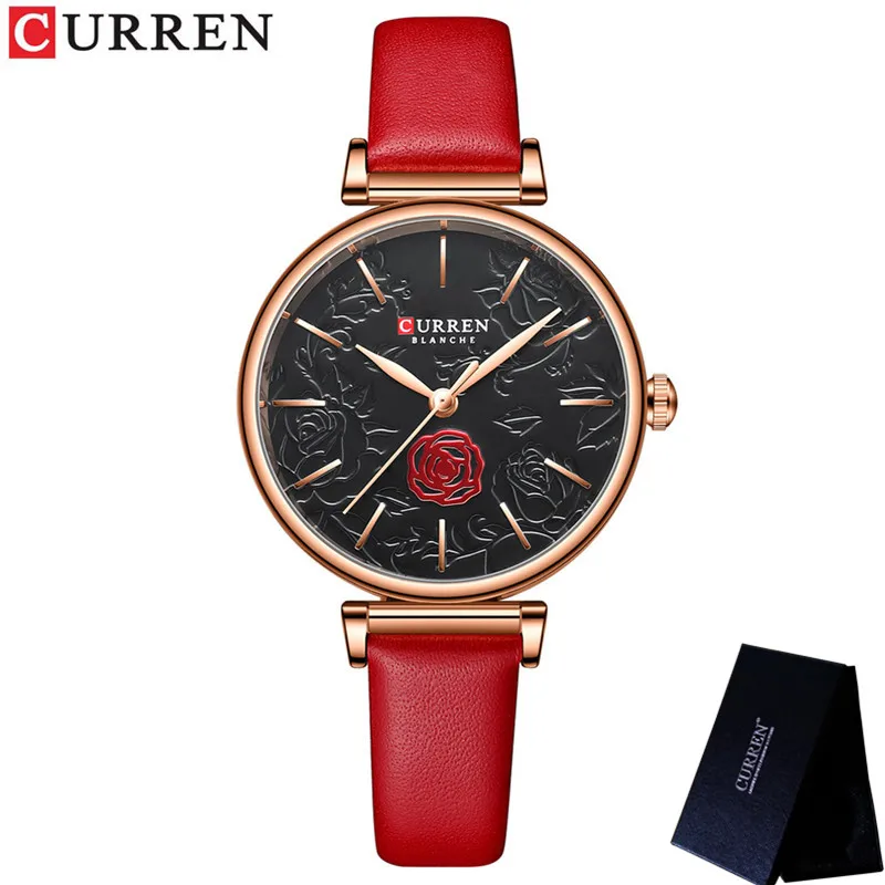 CURREN Women Watch Top Brand Luxury Female Waterproof Clock Red Genuine Leather Bracelet Fashion Flower Ladies Wristwatch 9078 5