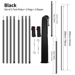 Adjustable Steel Tarp Poles Set with Pegs & Ropes for Sun Shelter and Camping Canopy (Set of 4 Black)