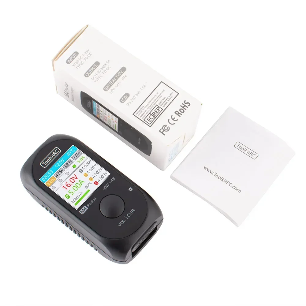 Toolkitrc M4 Pocket Dc 80W 5A Xt30 Xt60 Input Usb-C Input/Output Charger Per 1-4S Lipo Battery Quick Charger Function