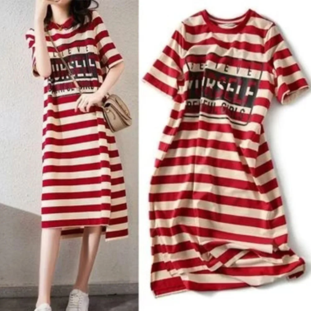 Women Dress Woman Loose Thin Dresses Striped Letter Costume for Lady Summer Femal Normal Clothes Plus Size 3xl
