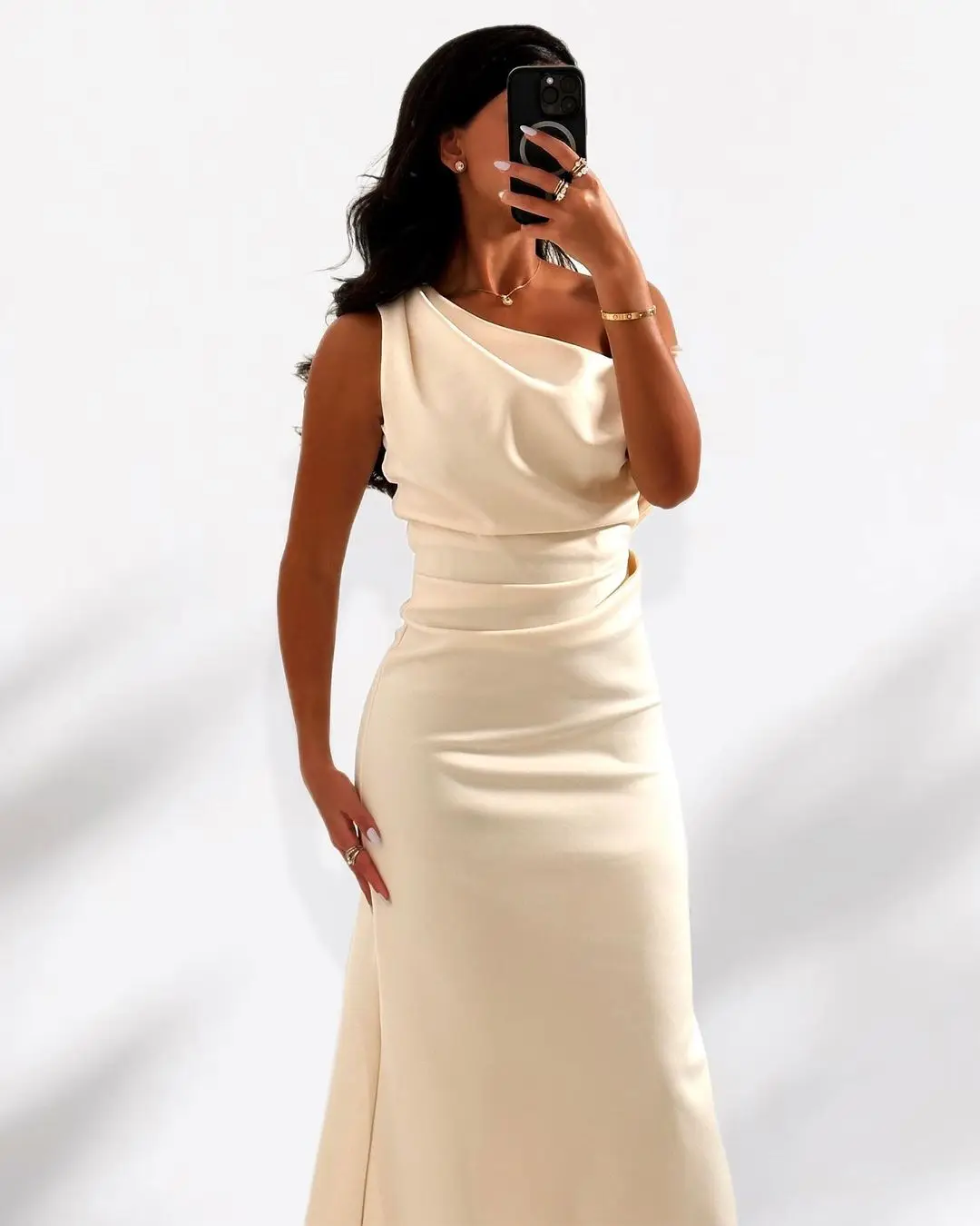 

Sapmae One-shoulder Sleeveless Sheath White Ruffle Simple Lace Prom Evenning Cocktail Formal Dress For Women In Summer