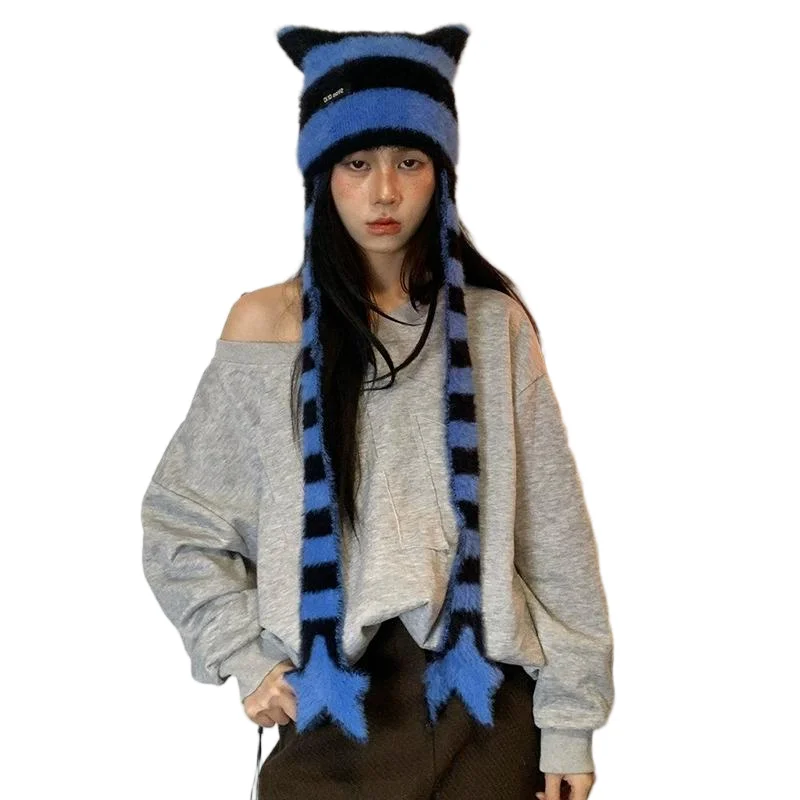 Hot Girl Sweet Cool Style Hut Stern gestreifte Plüsch-Strickmütze Vielseitig für Herbst und Winter