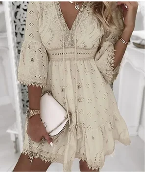 Hollow Out Summer Dress for Women Female V Neck Long Sleeve White Dresses Loose Solid Casual Women Beach Holiday Dress Vestidos 1