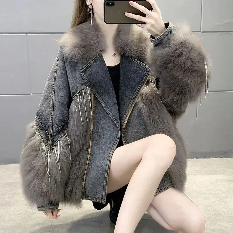 

MODX Winter New Fashion Denim Imitation Fox Fur Stitching Fur Coat Parkas Oversized Workwear Thick Outwear Casual Denim Jacket