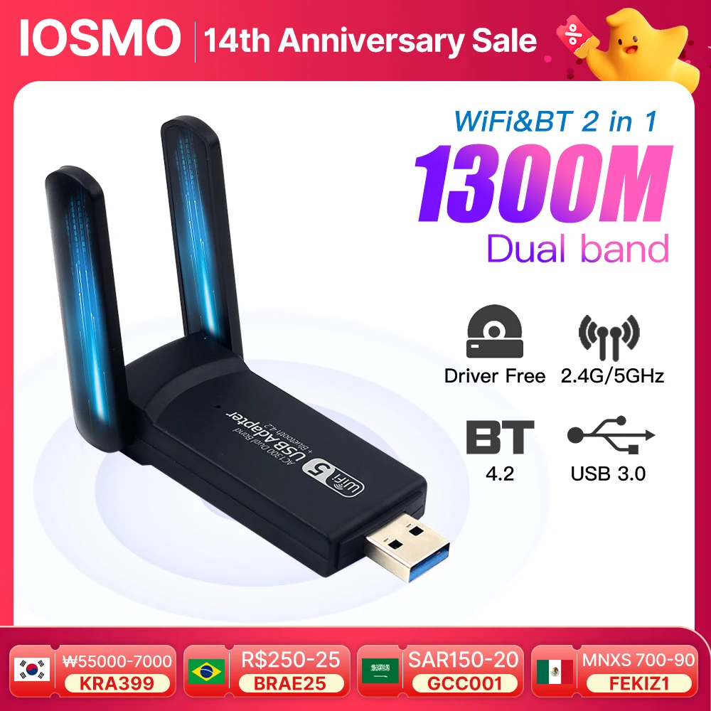 

1300Mbps USB WiFi Adapter Bluetooth 4.2 Dual Band 2.4G/5G Network Card Dongle Wireless External Receiver USB 3.0 Lan Ethernet