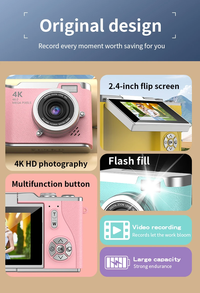 Digital Camera，2.4-inch HD rotating screen，4K video recording，800mAh battery capacity，48 megapixels，Beauty function，Ins  style - 4