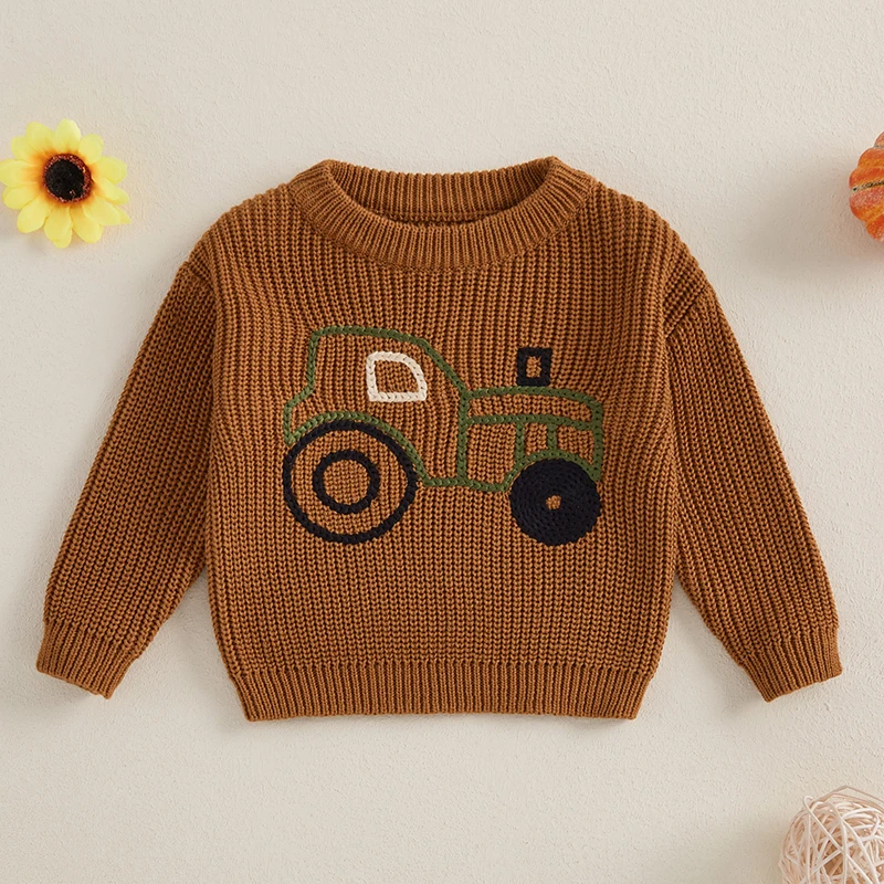 Kids Sweaters Winter Knitted Clothing Truck Embroidery Long Sleeve Baby Pullover Top Knitwear