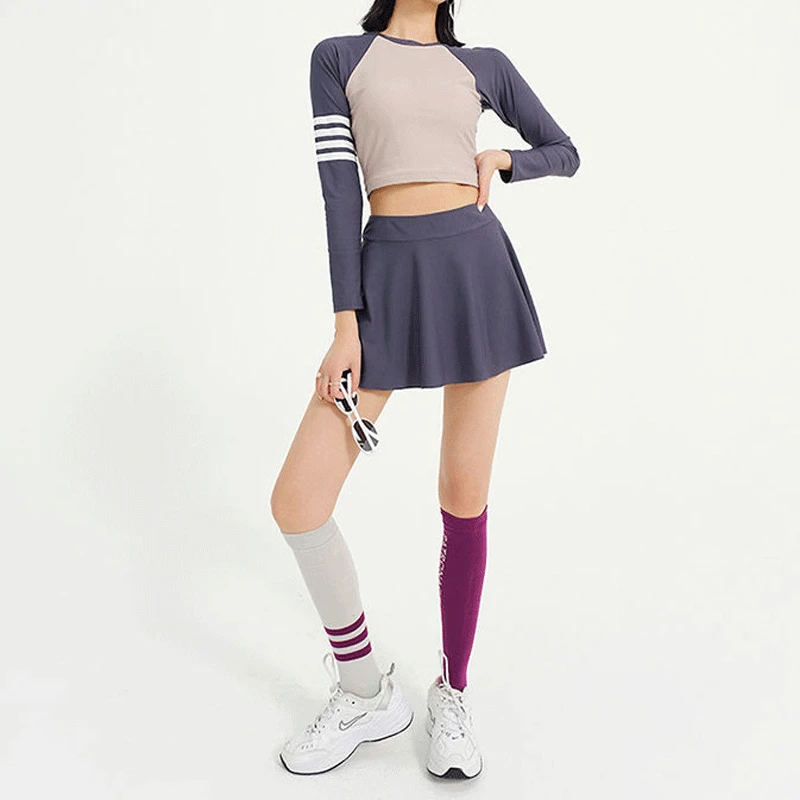 2023 New Sports Long Sleeve Round Neck Slim Sunscreen Contrasting Colors With Chest Pad Without Steel Support Women's Swimwears