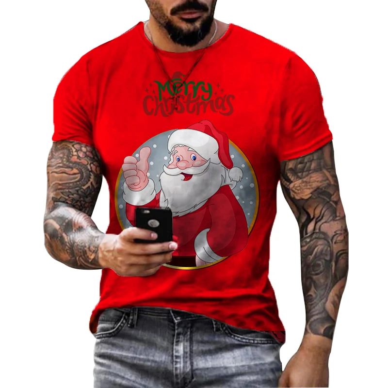

Celebration Santa Claus T-shirt Chinese Red Casual Top Comfortable Soft Clothing Men's Holiday Atmosphere Short Sleeve