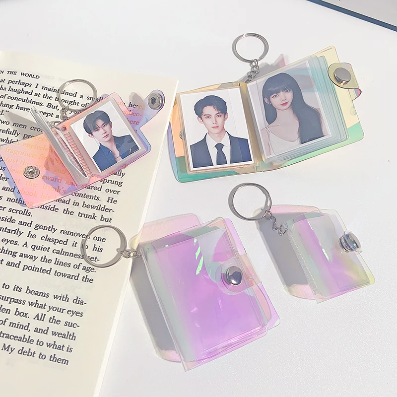 2 Inch Mini Photo Albums PVC Laser Cover Idol ID Photo Collection Book Kpop Photocard Holder with Keychain Bag Pendants card storage box