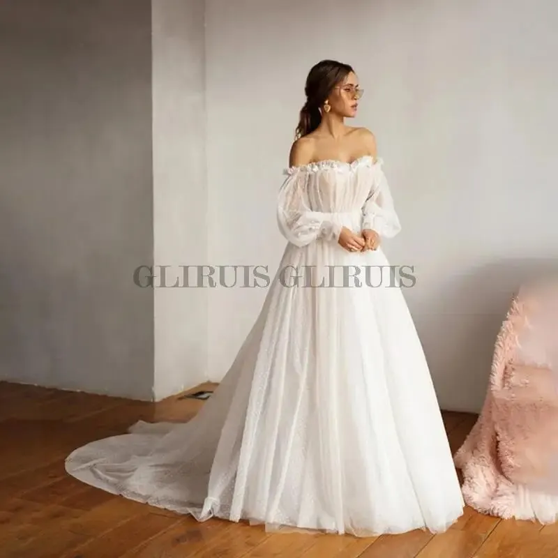 

2022 Puffy Polka Dot Tulle Wedding Dresses Lace Off The Shoulder Puff Sleeves Floor Length Beach Ivory Bridal Dress