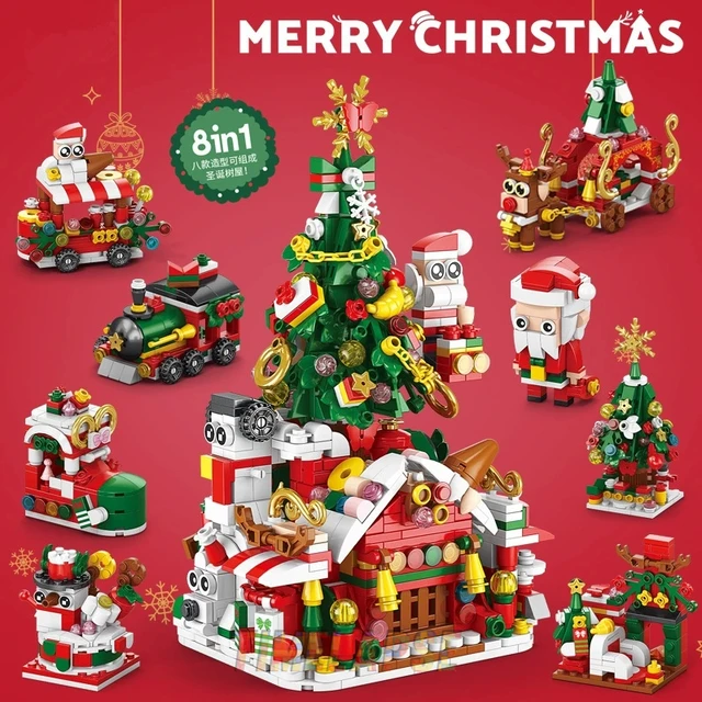 8in1 Christmas Tree Elk Deer Santa Claus Train Decorations Architecture Store Street View Xmas Snow House Building Block Kit Toy 1