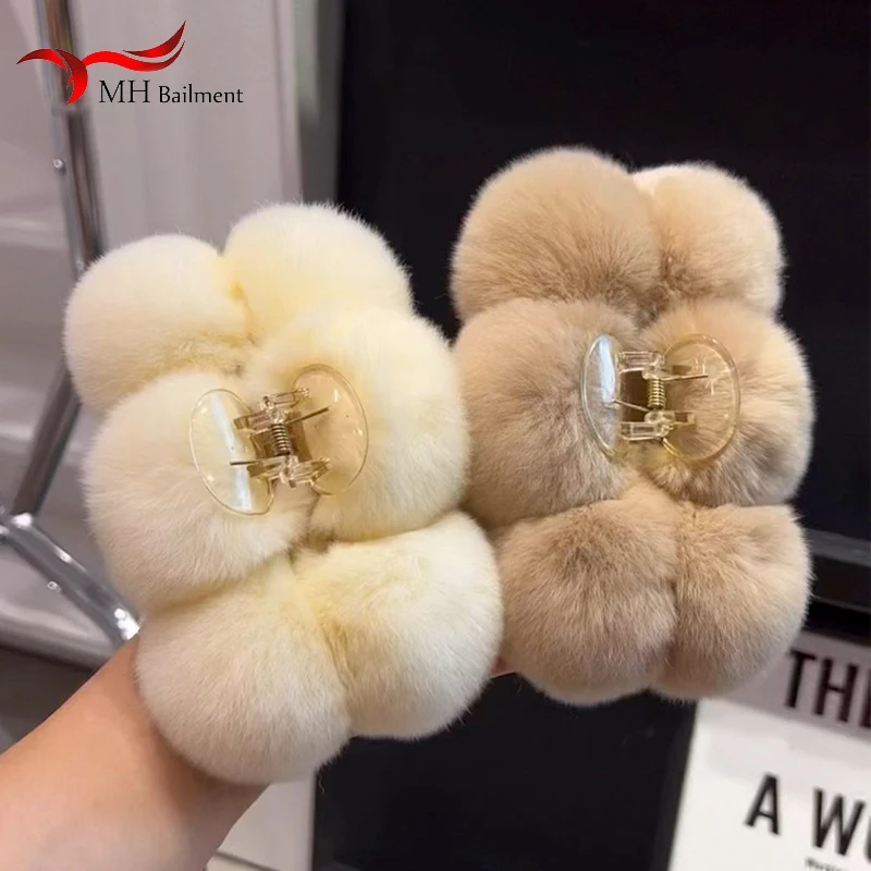 

New 100% Real Rex Rabbit Fur Big Hair Clip For Women Furry Claw Cute Plush Ponytail Hair Barrettes Female Accessories