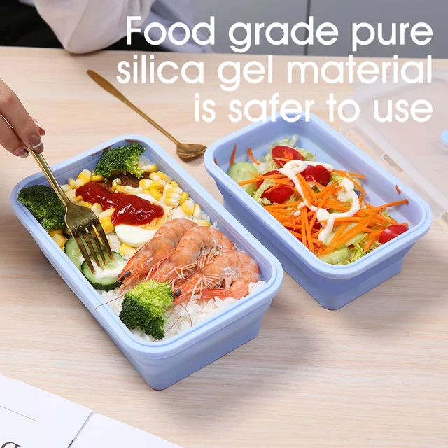 Boîte à déjeuner rectangulaire en Silicone, boîte à Bento pliable, récipient alimentaire pliable, bol 300/500/800/1200ml pour vaisselle 4 pièces/ensemble 2