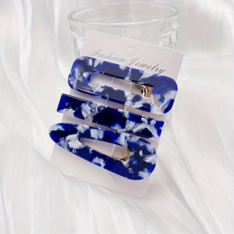 3-teiliges Set Acetat-Haarspangen: Hohle Wassertropfen-Form, Lange Streifen-Haarspange, Einfache Entenschnabel-Klammer, Leoparden-Haarspange, Geometrische Haarspange – Detail 13