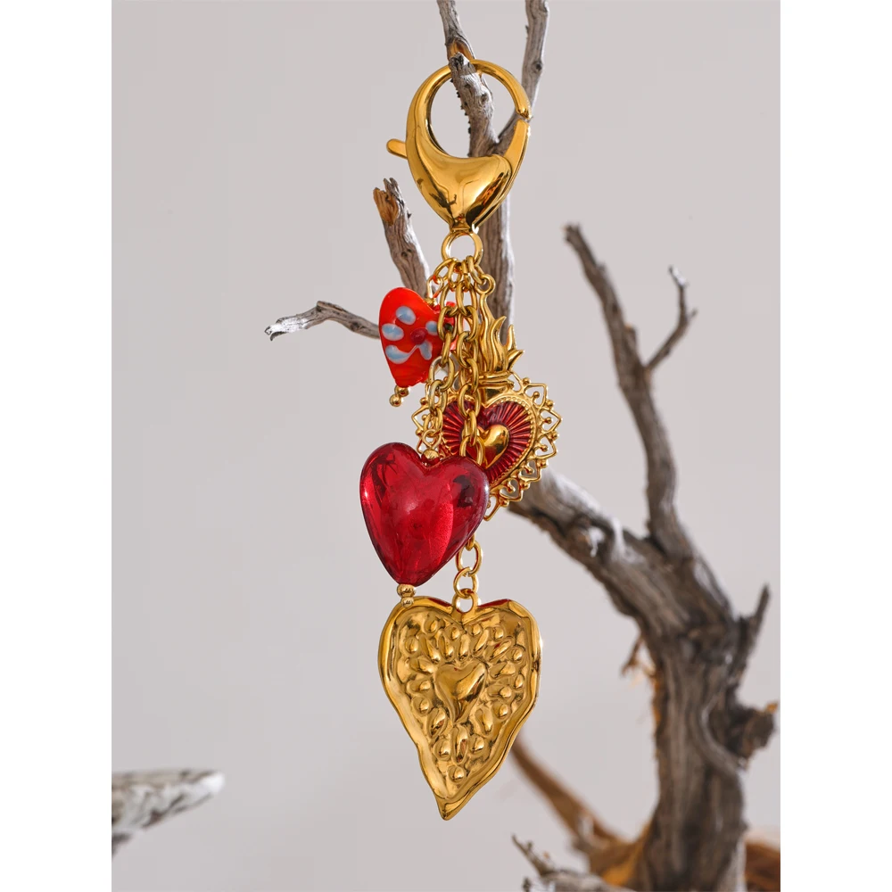 Yhpup Heart Pendant Keychain 18K Golden Stainless Steel