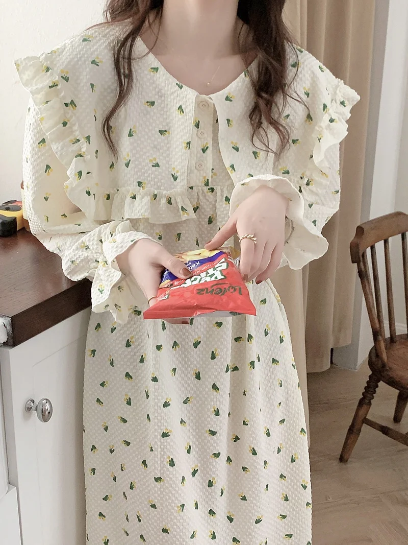

Autumn Winter New Loose Breathable Home Clothes Flower Print Ruffle Cute Long-sleeved Nightdress Women's Casual Pajamas D678