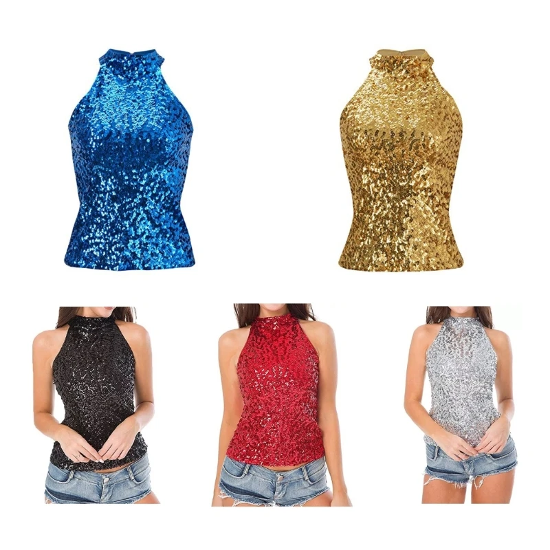 

Womens Halter Neck Sleeveless Tops Sequin Halter TopS Casual Cami Tops Night Out Party Blouse N7YF