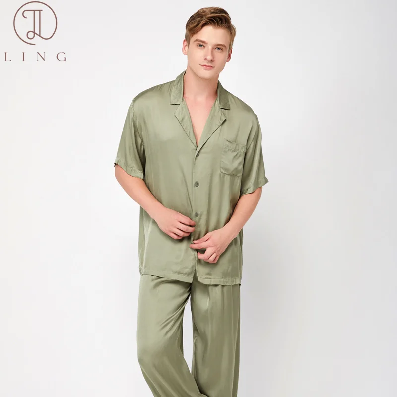 Ling Ginger Orange Silk Satin Mens Pajama Sets Half Sleeve Men's Sleep Lounge Sleepwear Elegant Two Piece Sets M-XXL