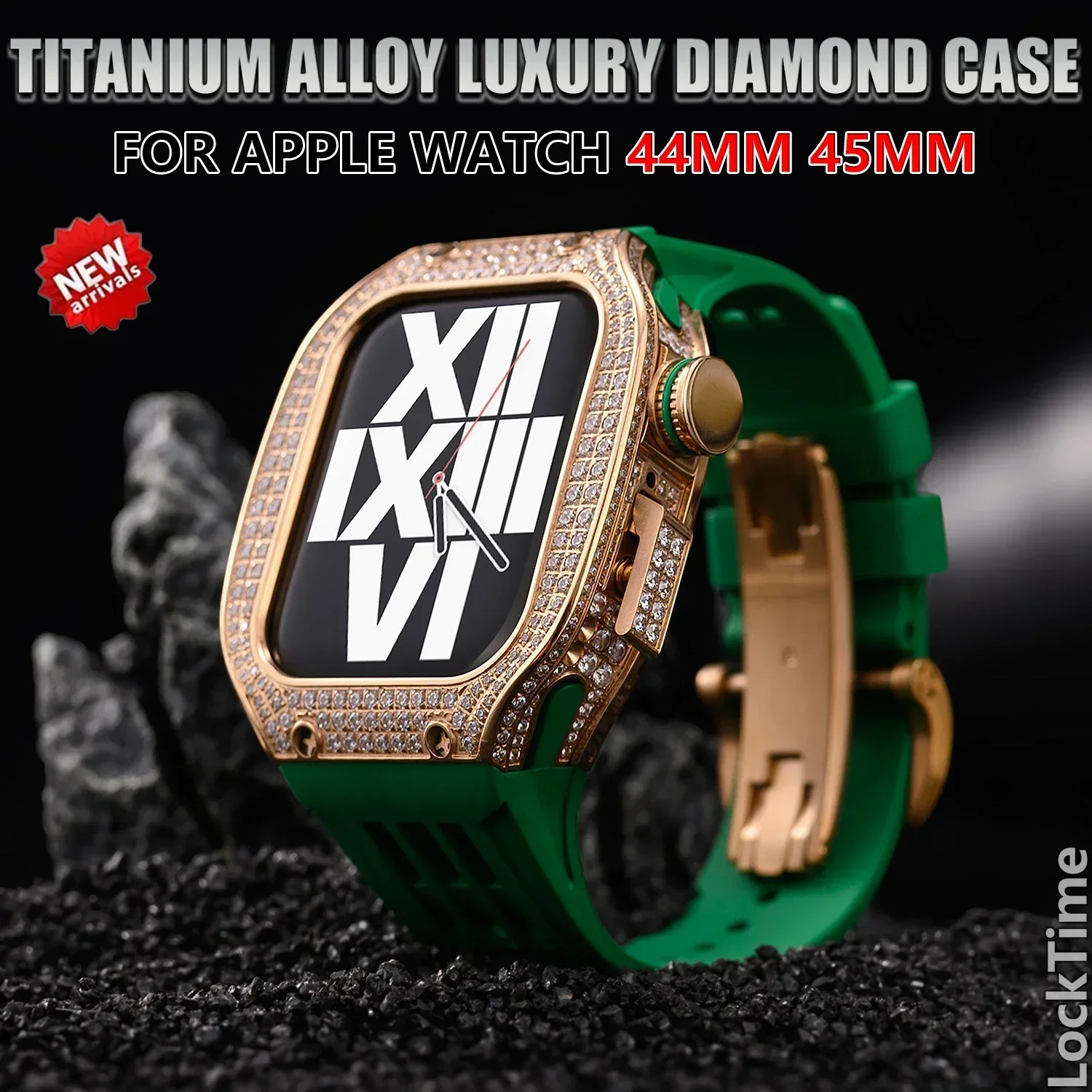 Aluminum Alloy For Apple Watch Mod Kit 44mm 45mm Luxury Diamond Inlaid Accessories Rubber Strap For iWatch Series 9 8 7 6 5 4 Se