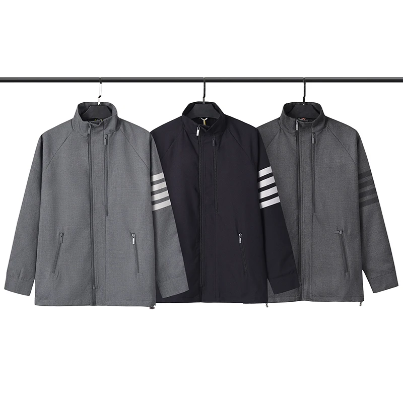 

TB THOM Jacket Men's Autunm Fashion Casual Outdoor Stand Collar Double Zip-Up Windbreaker Classic Design 4-Bar Striped Coat