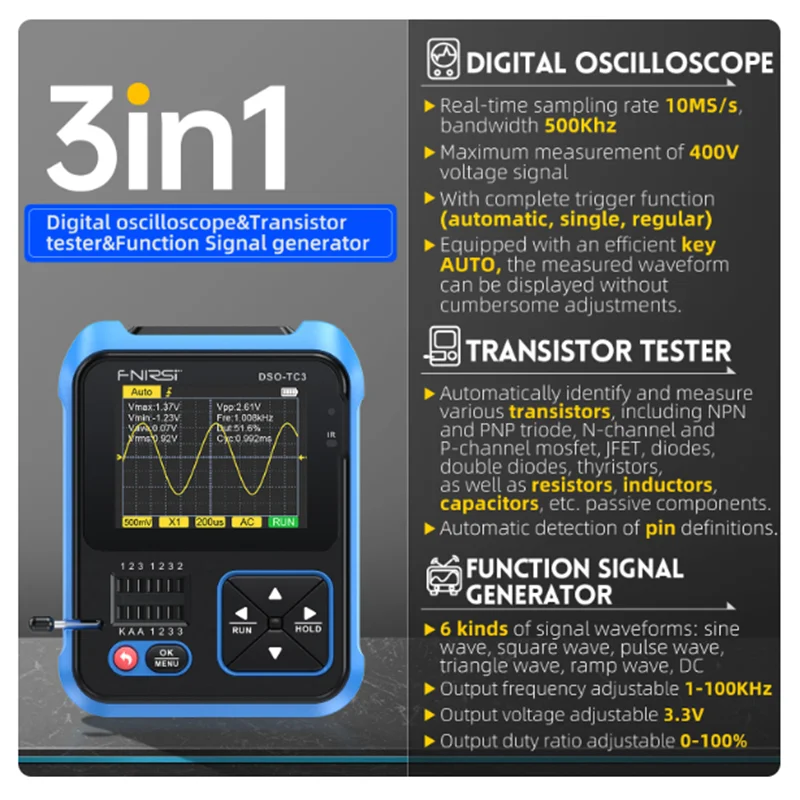 

DSO-TC3 Digital Oscilloscope Transistor Tester Function Signal Generator 3 in 1 Multifunction Electronic Component Tester