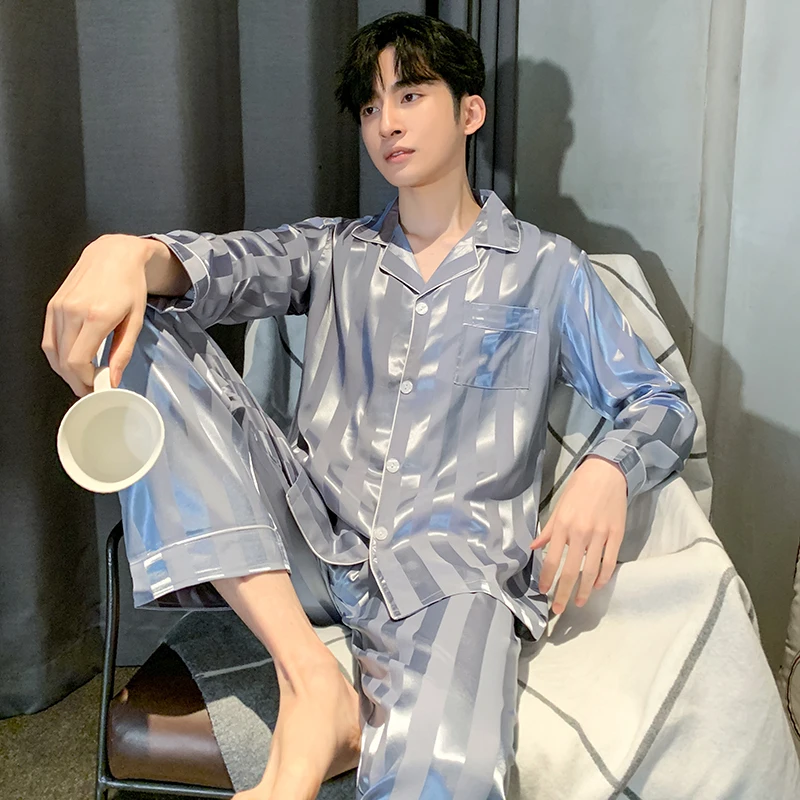 Spring Autumn Men Pajamas Set Silk Sleepwear Long Sleeved Nightwear Lounge Striped Sleep Clothing Satin Plus Size Male Night