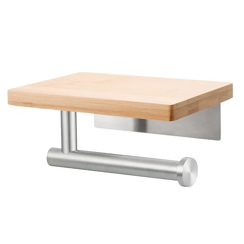 Stainless Steel Non-punching Roll Paper Holder Bathroom Mobile Phone Solid Wood Storage Wall Hanging Paper Towel Holder