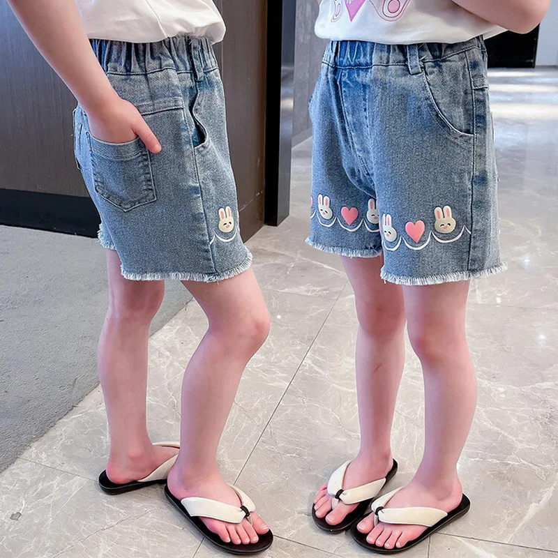 Girls Shorts with Rabbit Pattern High Waist Summer Hot Deals Teenage Girl Fashion Jeans Kids Short Trousers Clothes 2-9Years Old