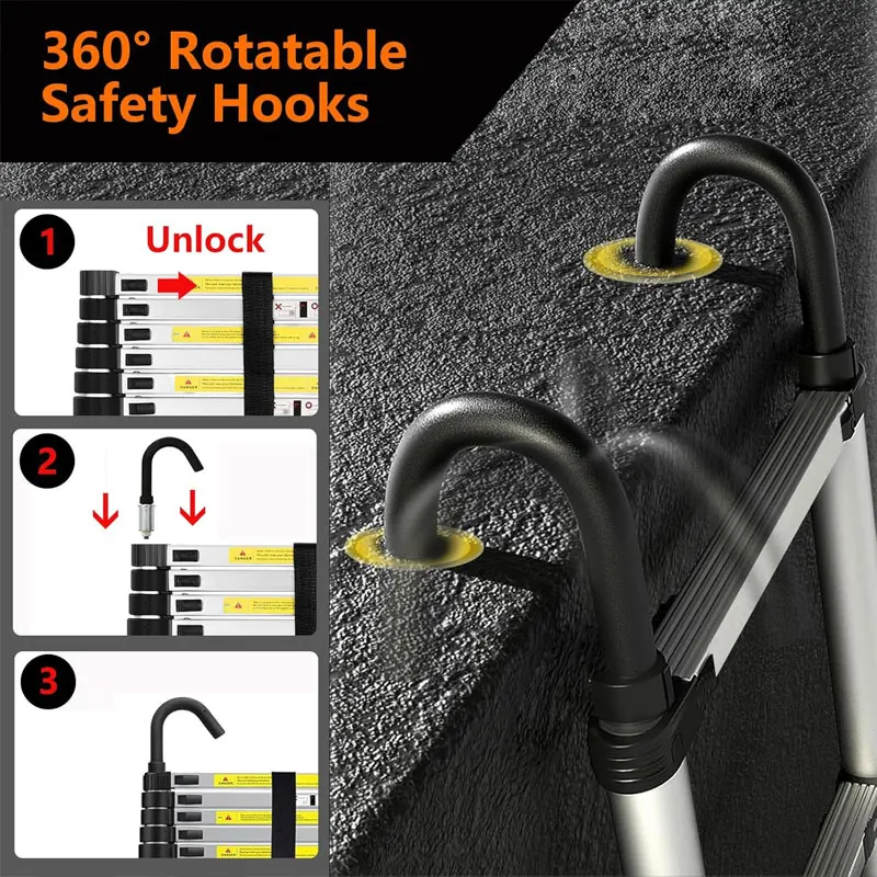 Stainless steel telescopic ladder extended on display