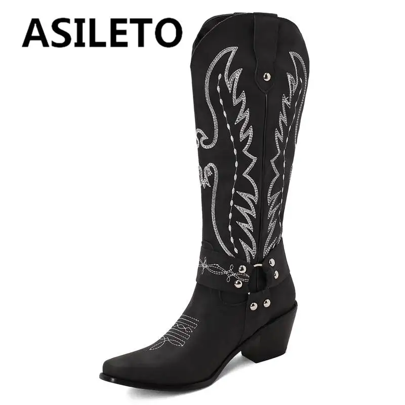 

ASILETO Women Knee Boots 32cm Western Boots Square Toe Chunky Heels 6cm Slip-on Embroidery Metal Decoration Plus Size 35-48