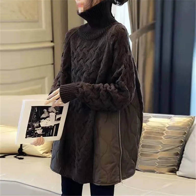 

Winter Long Stitching Thickening Pullover Mid-Length Sweater Women's New Loose High Collar Fake Two Pieces Pullovers