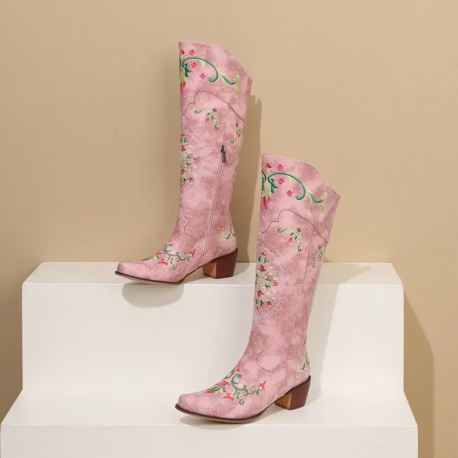 Cowgirls Western Boots Women's Embroidery Cowboy Boots for Wide Calf 2024 Chunky Med Heels Shoes 4 Seasons Zipper PU Footwear