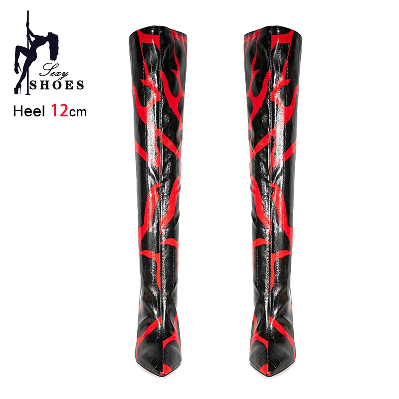 12CM Thin Heel Pointed Toe Long Boots Women Black Red Mixed color Fashion Autumn Shoes Plus Size 45 46 47 Winter Knee High Boots